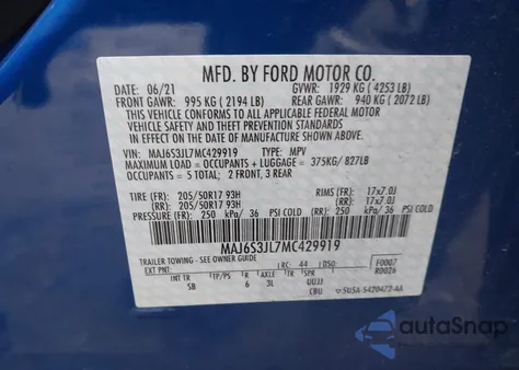 2021 Ford Ecosport Ses из США, поврежденный, VIN MAJ6S3JL7MC429919